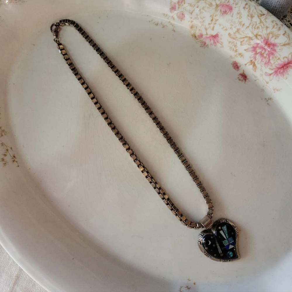 Vintage Navajo Signed Frank Yellowhorse Celestial Pendant & Chain Sterling